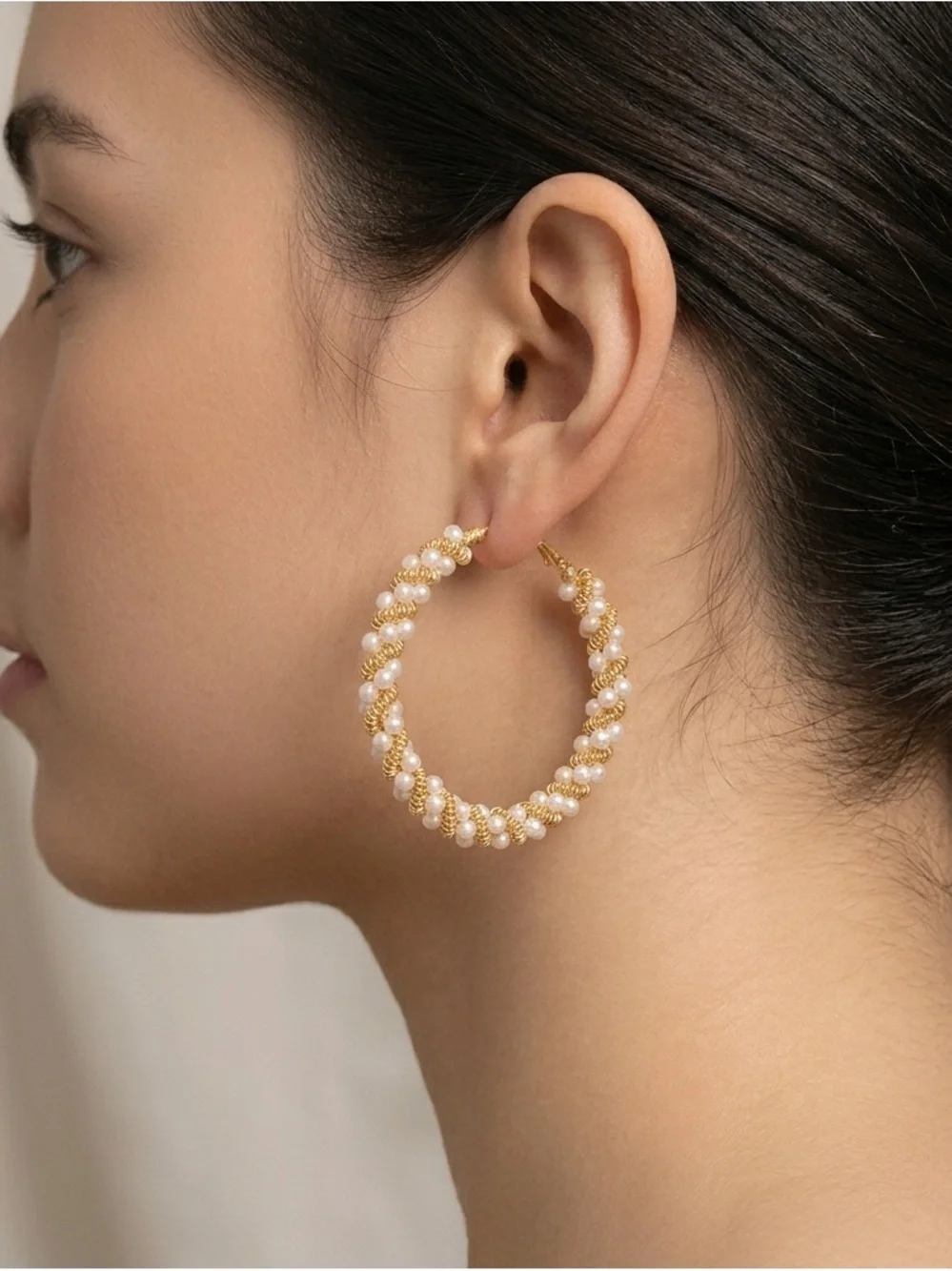 Gold Twisted Pearl Hoop Earrings | Braided Rope Style Elegant